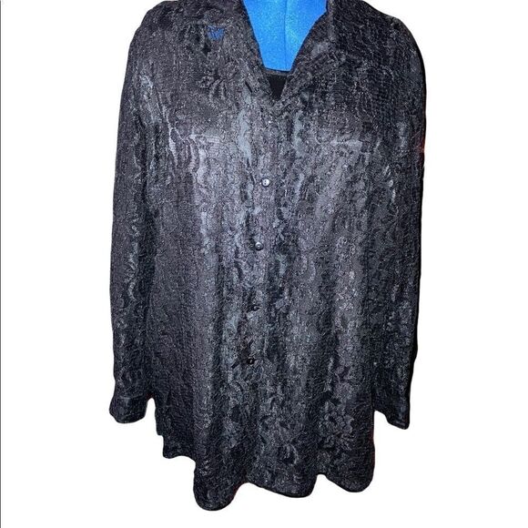 ALLISON DAILEY II, Women’s Black Lace Overlay top, Size 2X, Button Down, Lined - Picture 1 of 7